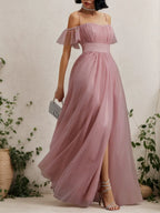 Vestido maxi clásico rosa en línea A con escote hombros descubiertos y mangas cortas