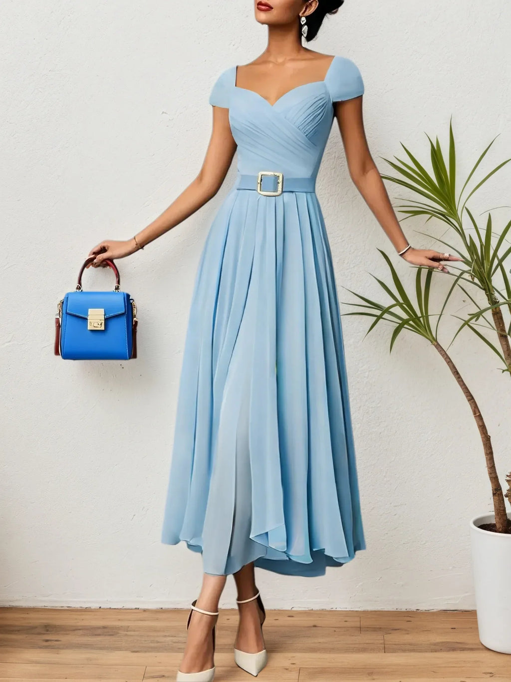 Hellblaues plissiertes gerafftes Herzausschnitt A-Linien Maxi Chiffonkleid