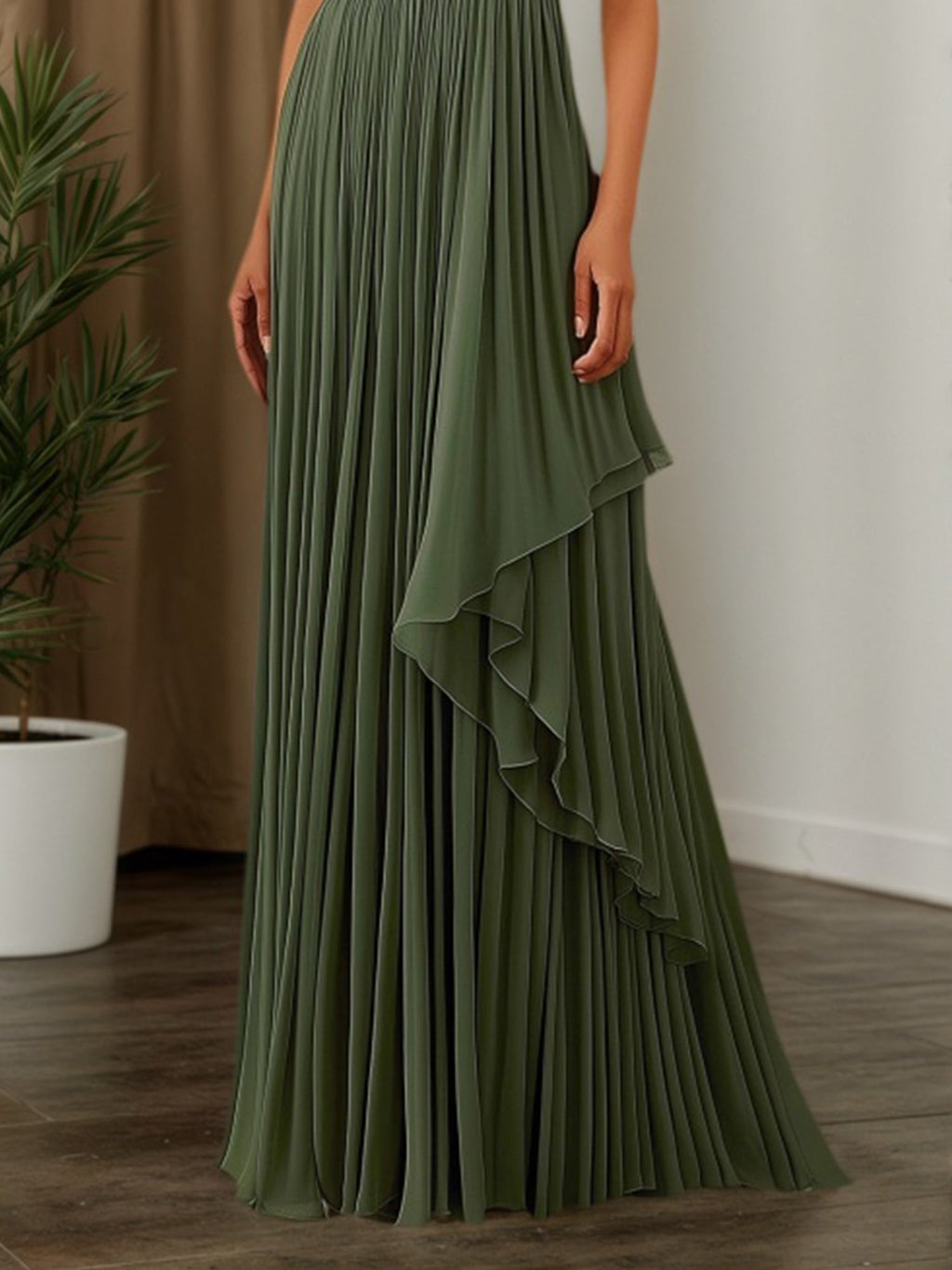 Fall Wedding Guest Dress Green Ruched Asymmetrical Maxi Gown