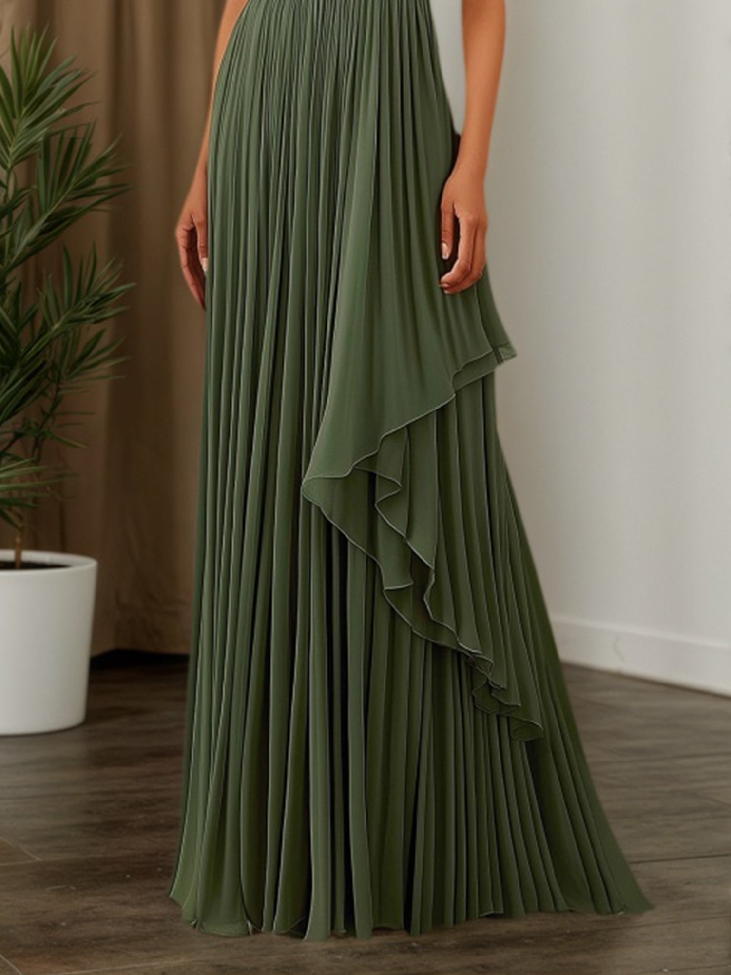 Fall Wedding Guest Dress Green Ruched Asymmetrical Maxi Gown