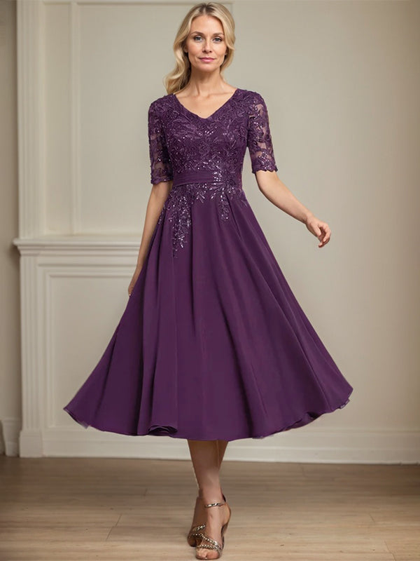 A-Linien V-Ausschnitt Tea-Length Spitzen-Chiffon Kleid für die Mutter der Braut mit Pailletten