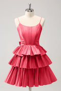 A Line Spaghetti Straps Corset Tiered Ruffle Homecoming Dress with Bow