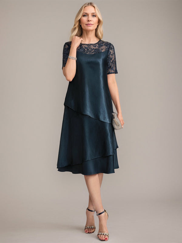 Vestido de mãe da noiva em linha A, comprimento até o joelho, com decote redondo, aplicações e paetês