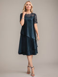 Vestido de mãe da noiva em linha A, comprimento até o joelho, com decote redondo, aplicações e paetês