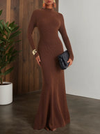 Robe pull longue en laine marron, ligne A, manches longues