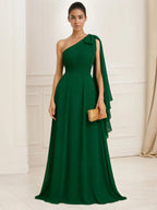 A Line One-Shoulder Chiffon Pleated Bow Maxi Evening Dress