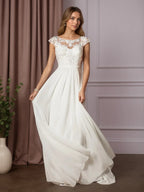 Vestido de novia línea A blanco con escote redondo y lentejuelas de gasa