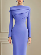 Robe élégante violette à manches longues, col rond, longueur cheville
