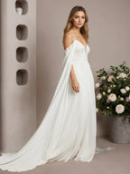 Vestido de novia blanco de gasa con lentejuelas sin mangas y escote off the shoulder en línea A
