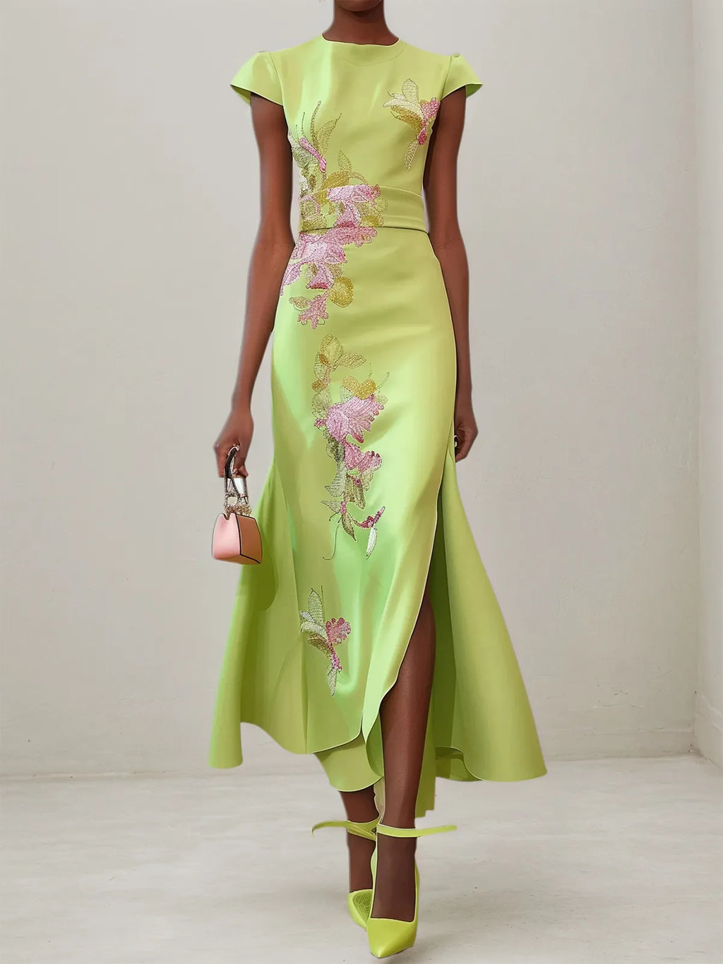 Vestido maxi tipo tubo con bordado floral verde, manga corta con volante y abertura