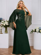 A-line Boat Neck Illusion Floor-Length Chiffon Evening Dress With Sequins Appliques Lace Pleated