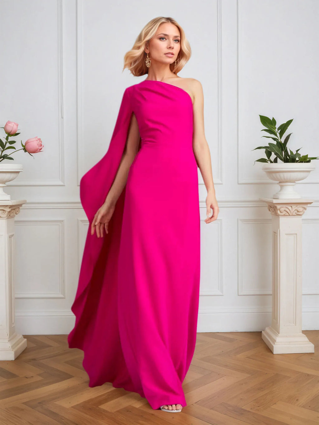 Knallpinkes Stretch-Krepp Ein-Schulter gerafftes bodenlanges Abendkleid