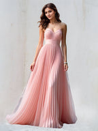 Vestido largo de dama de honor línea A de gasa rosa con escote corazón y sin mangas plisado