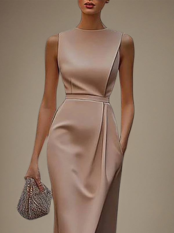 Vestido para convidada de casamento com decote redondo, sem mangas, comprimento assimétrico e bolso