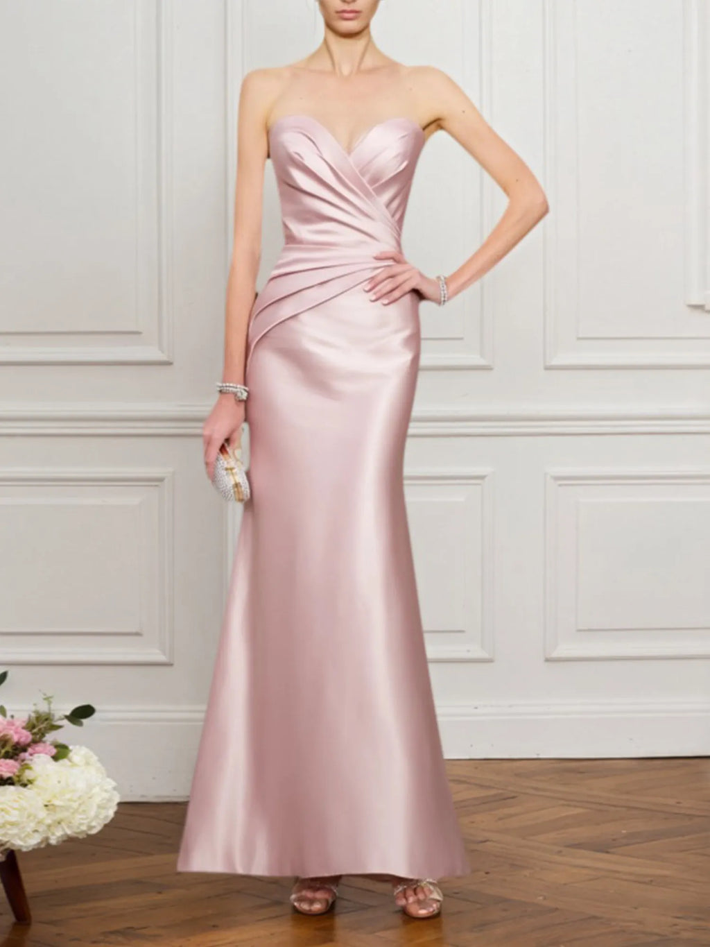 Robe maxi rose bustier formelle pour invité de mariage