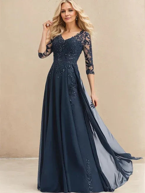 A-Linien V-Ausschnitt Bodenlanges Spitzen-Chiffon Kleid für die Brautmutter mit Pailletten