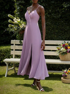 Hellviolettes Chiffon Spaghetti-Träger A-Linien Maxikleid für Brautjungfern