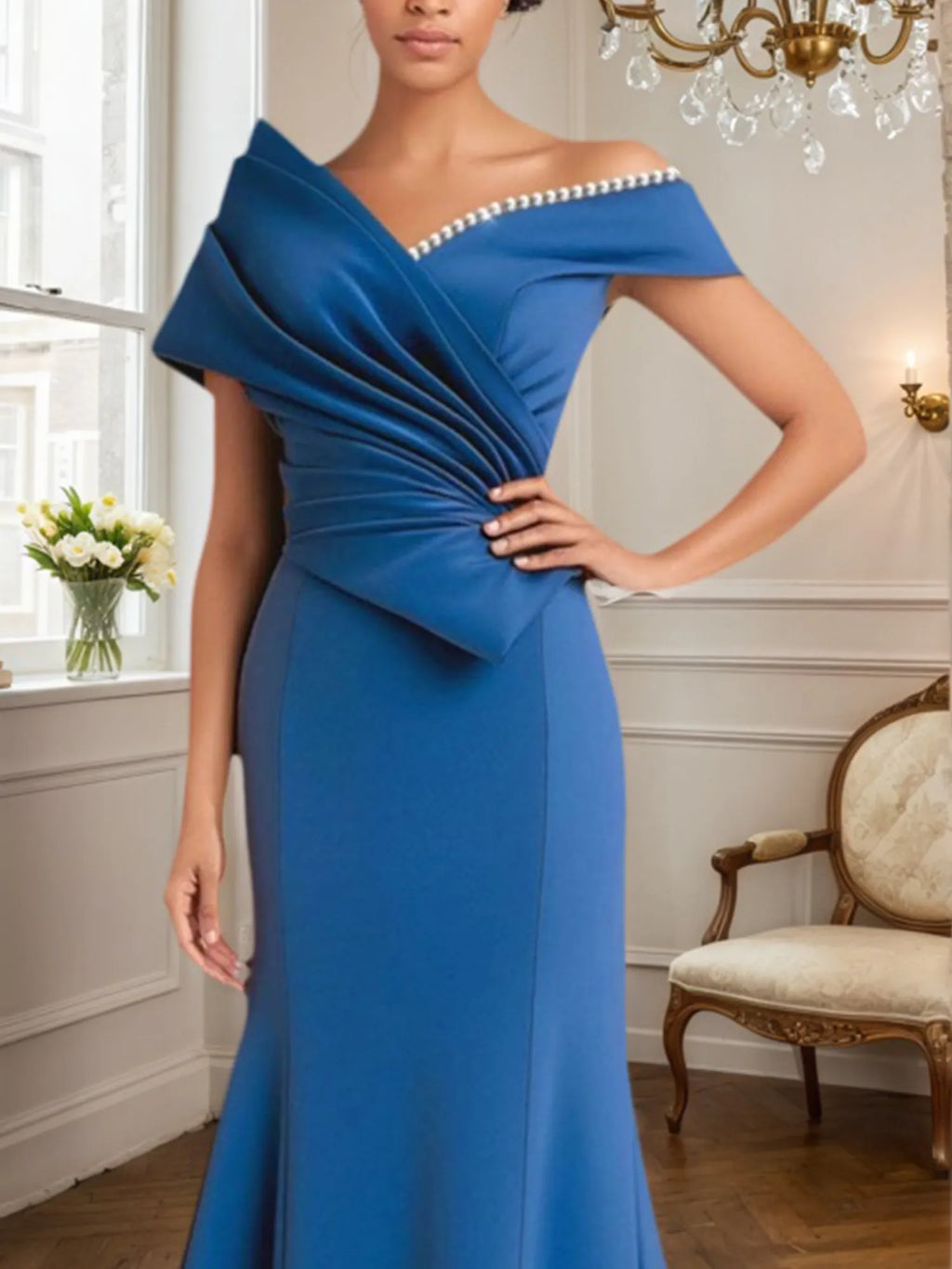 Evening Formal Dress Blue Off-The-Shoulder with Pearls Maxi Dress