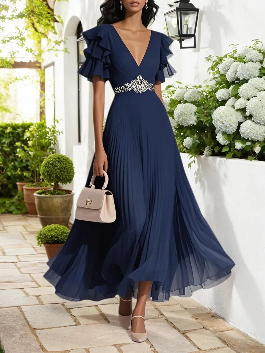 Bläulich-lila plissiertes Chiffon A-Linien Maxikleid mit Strass, V-Ausschnitt und kurzen Ärmeln