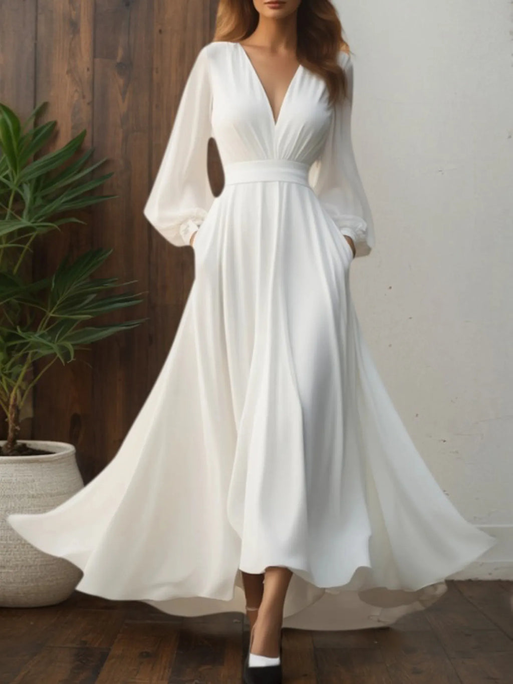 Formelles Swing Abendkleid Weißes V-Ausschnitt Maxikleid