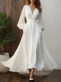 Formelles Swing Abendkleid Weißes V-Ausschnitt Maxikleid
