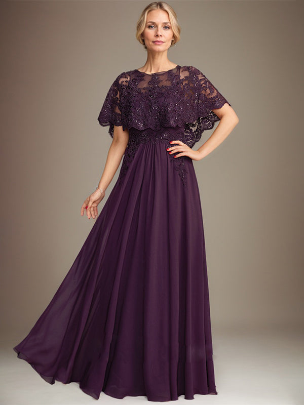 A-Linien Spitzen-Chiffon-Mutter-der-Braut-Kleid mit Bootsausschnitt, bodenlang und Applikations-Pailletten