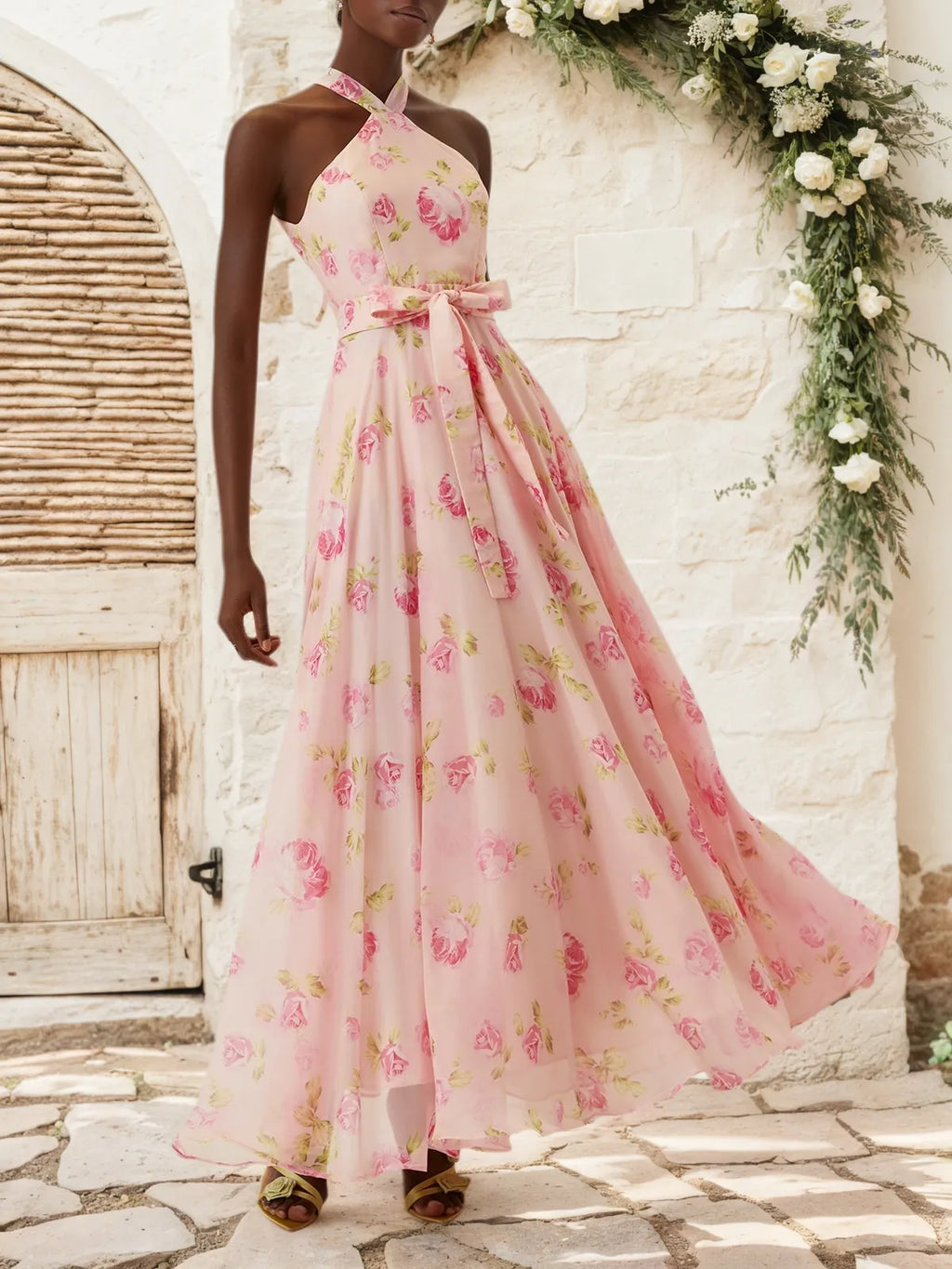 Rosa florales Chiffon Neckholder ärmelloses A-Linien Maxi-Kleid