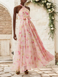 Rosa florales Chiffon Neckholder ärmelloses A-Linien Maxi-Kleid