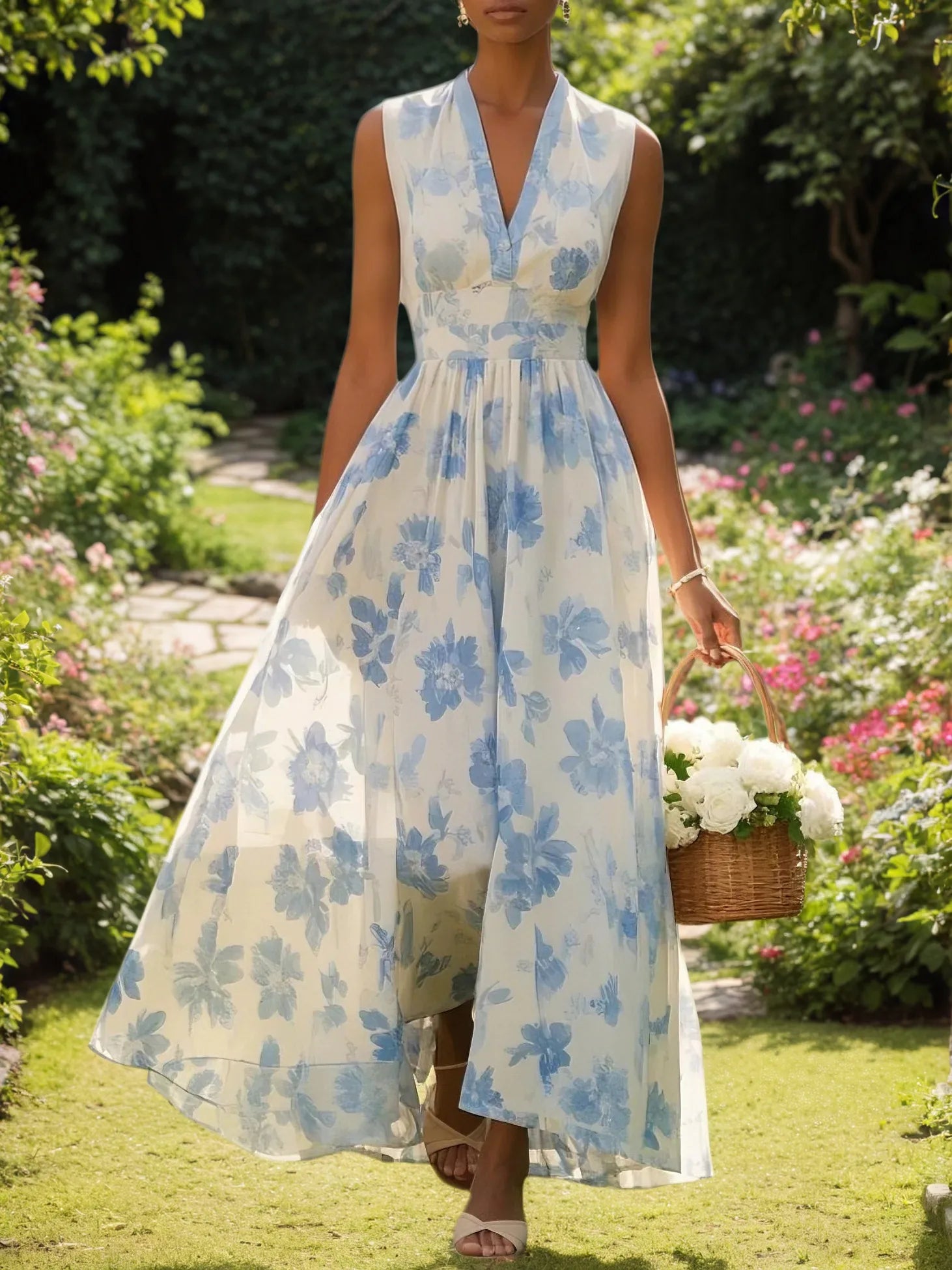 Robe maxi ligne A bleu clair en chiffon à fleurs col en V sans manches