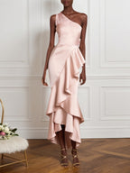 Partykleid hellrosa Satin, einseitig mit Rüschen, Midikleid