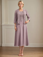 A-Linien Kleid mit Rundhalsausschnitt, tea-länge, Spitze und Chiffon, Mutter der Braut Kleid