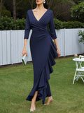 Kleid für die Mutter der Braut, marineblau, V-Ausschnitt, 3/4-Ärmel, Rüschen, Maxikleid
