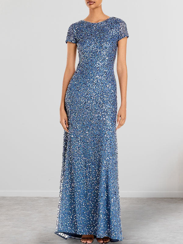 Vestido largo para madre de la novia azul polvo con lentejuelas y escote redondo ajustado