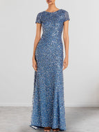 Vestido largo para madre de la novia azul polvo con lentejuelas y escote redondo ajustado