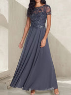 Anthrazitgraues A-Linien-Kleid mit Rundhalsausschnitt, lang, Mutter der Braut, mit Perlenbesatz