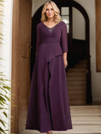 Vestido de madre de la novia línea A con escote en V, largo hasta el suelo, chiffon plisado y bordado