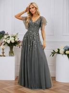 A-line V-Neck Floor-Length Tulle Lace Evening Dress With Sequins