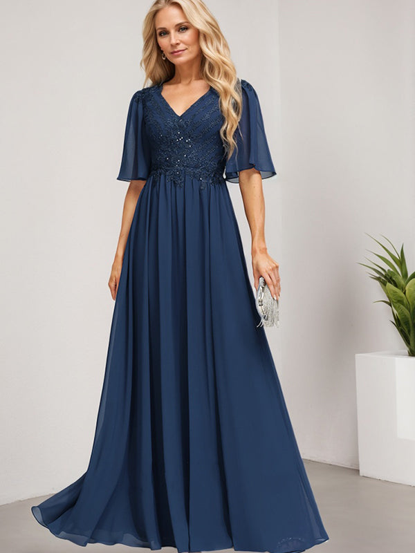 A-Linien V-Ausschnitt Bodenlanges Spitzen-Chiffon Kleid für die Brautmutter mit Pailletten