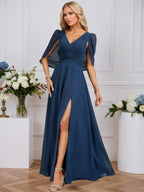 A-line V-Neck Floor-Length Chiffon Evening Dress With Cape Pleated