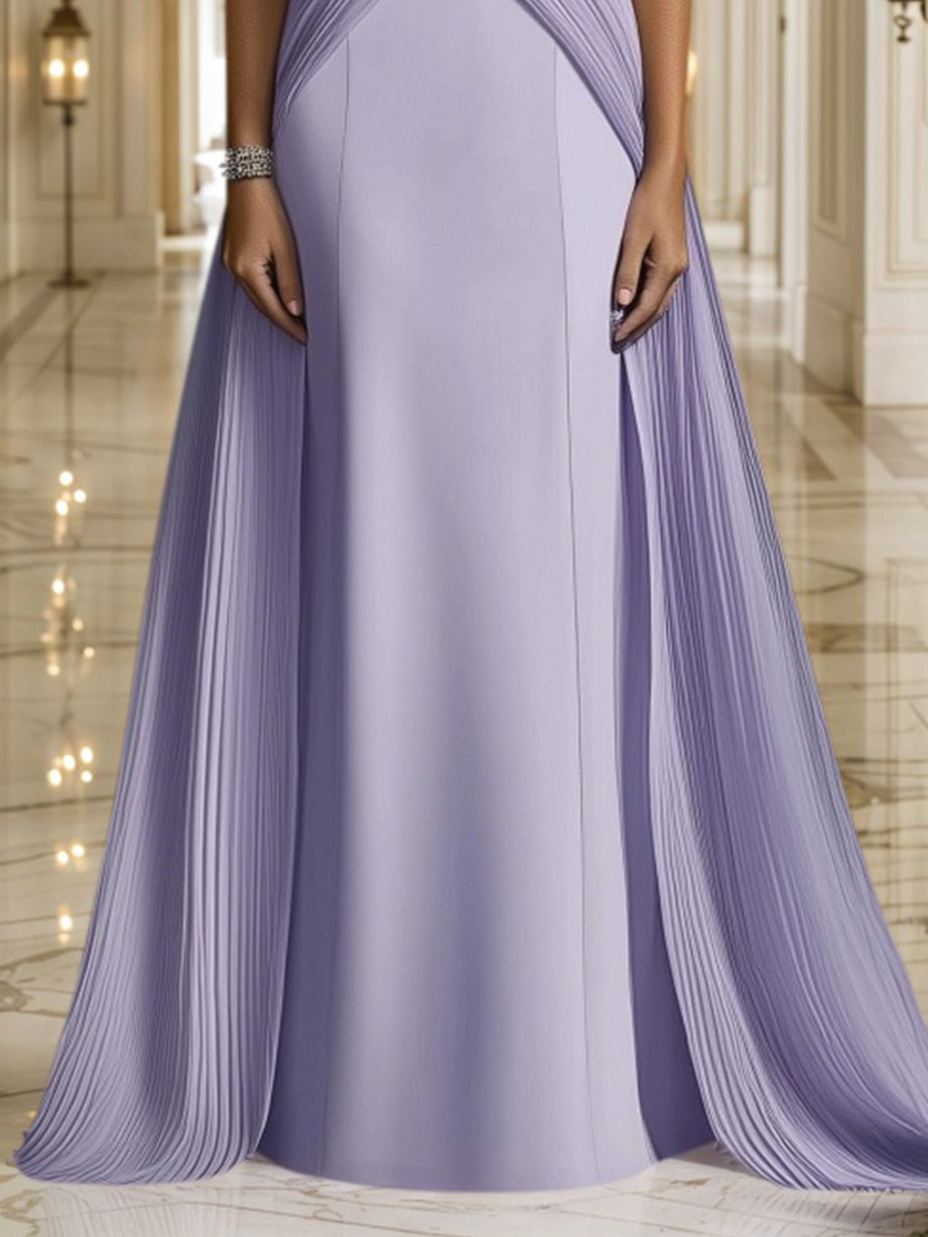Formal Evening Dress Purple Stand Collar Pleated Train Maxi Gown