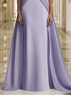 Formal Evening Dress Purple Stand Collar Pleated Train Maxi Gown