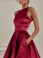 Party Cocktailkleid Weinrot Rundhals asymmetrische Länge Kleid