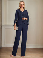 Conjunto de dos piezas mono/pantalón con escote en V, largo hasta el suelo, de gasa para madre de la novia