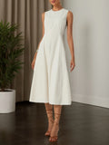 Robe midi abricot en lyocell coton, col rond, sans manches, ligne A