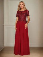A Line Chiffon Boat Neck Short Sleeves Floor Length Mother of the Bride Dresses