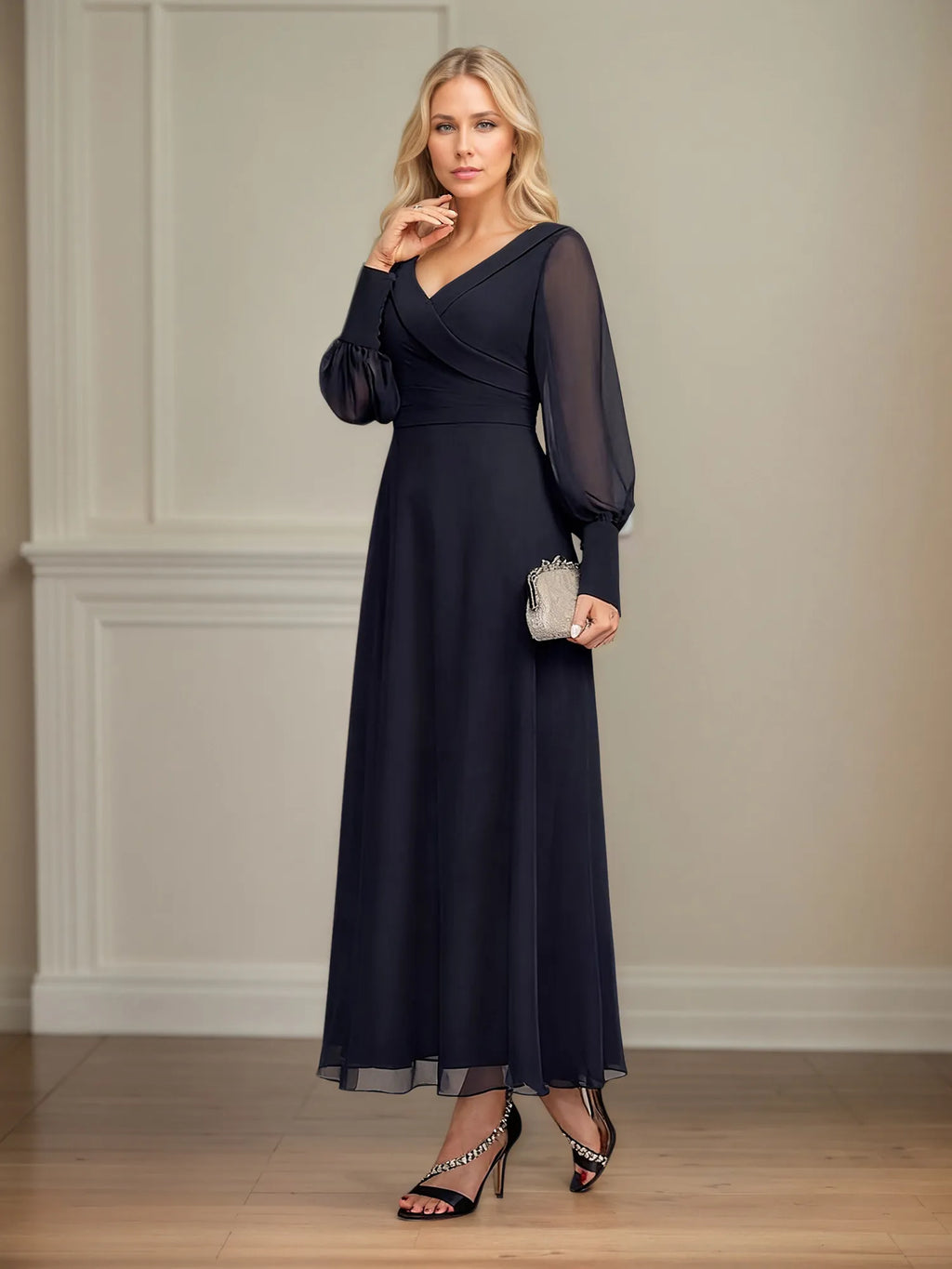 A-line V-Neck Collared Ankle-Length Chiffon Mother of the Bride Dress With Pleated