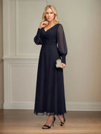 A-line V-Neck Collared Ankle-Length Chiffon Mother of the Bride Dress With Pleated