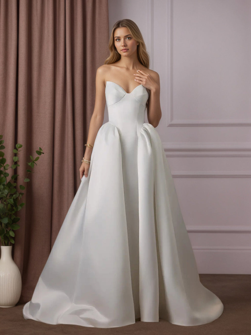 Vestido de novia blanco en línea A sin tirantes de satén