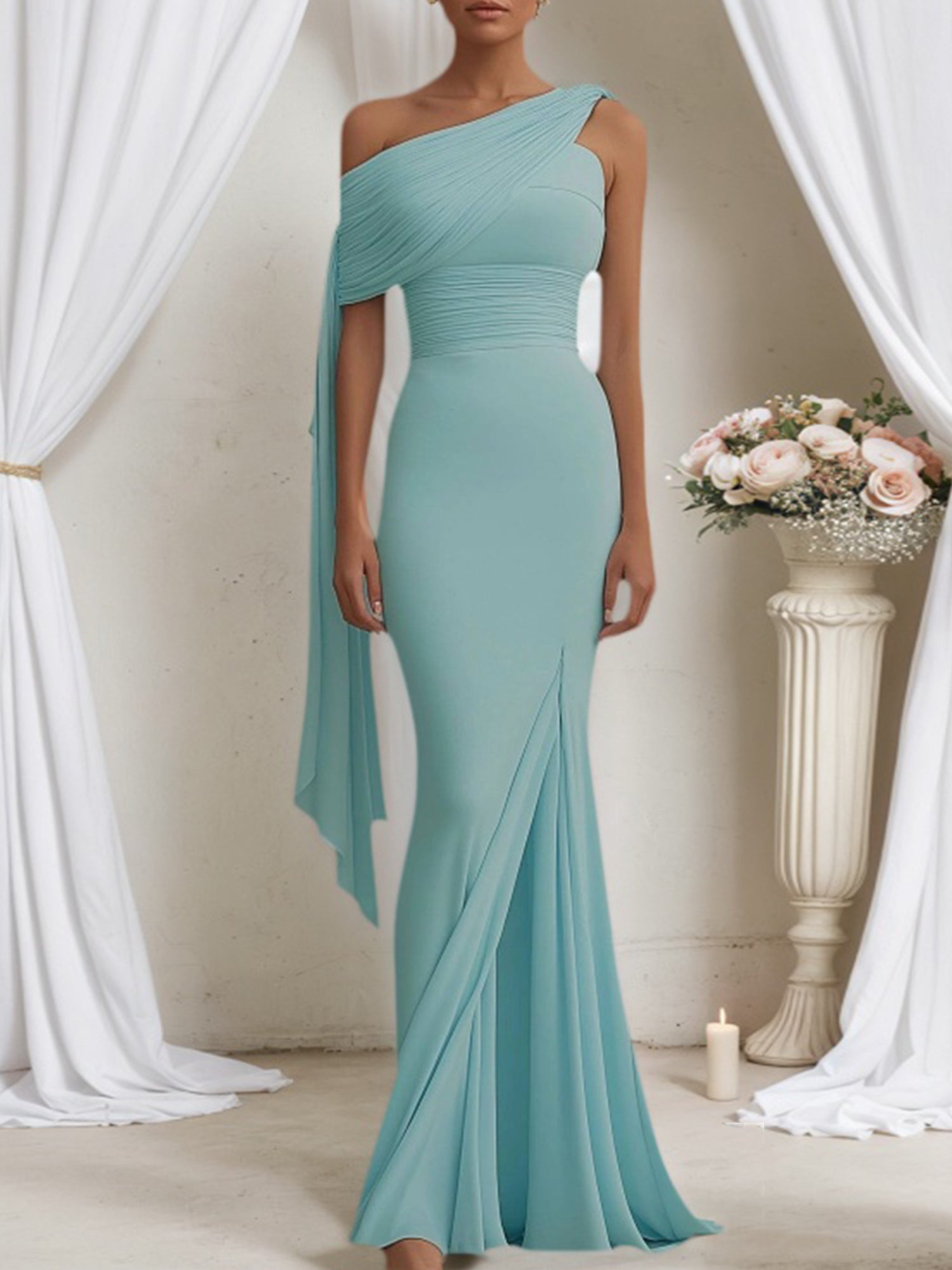 Formal Evening Dress Light Blue One Shoulder Draped Slit Floor Dress