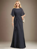A-Linien Rundhals bodenlanges Chiffon Mutter der Braut Kleid mit kaskadierenden Rüschen Perlen Pailletten